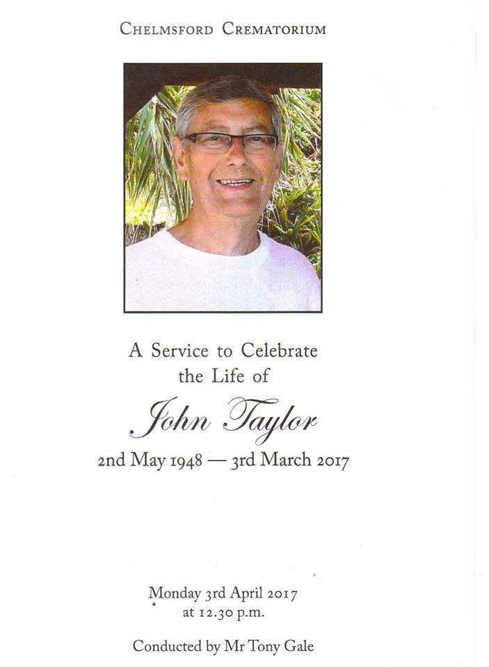 The front cover of John Taylors' funeral service programme, showing an image of John
