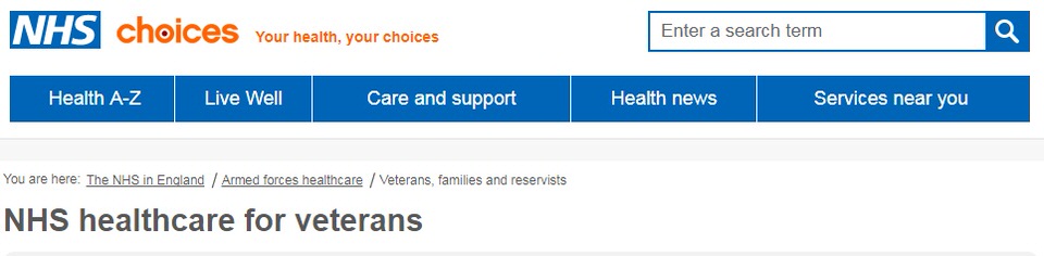 Image of the NHS Veterans webpage concerning healthcare.